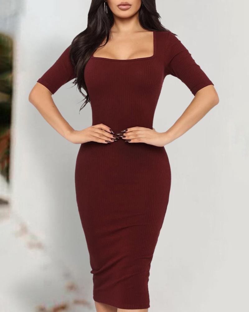 

Solid Square Neck Bodycon Dress, Wine red