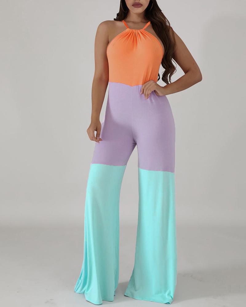 

Halter Colorblock Insert Casual Jumpsuit, Orange