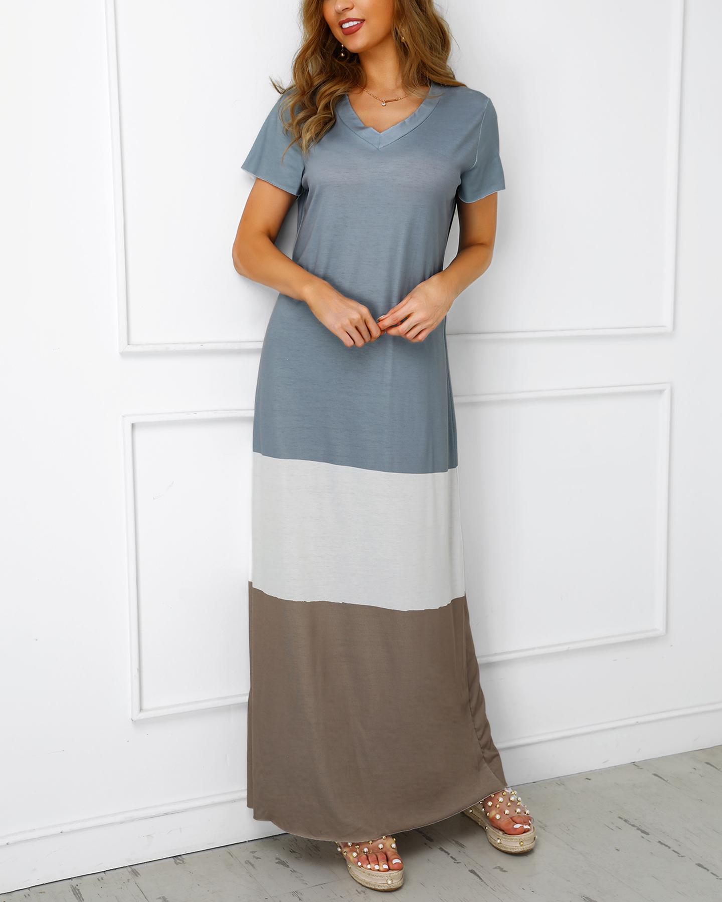

V Neck Short Sleeve Colorblock Maxi Dresses, Gray