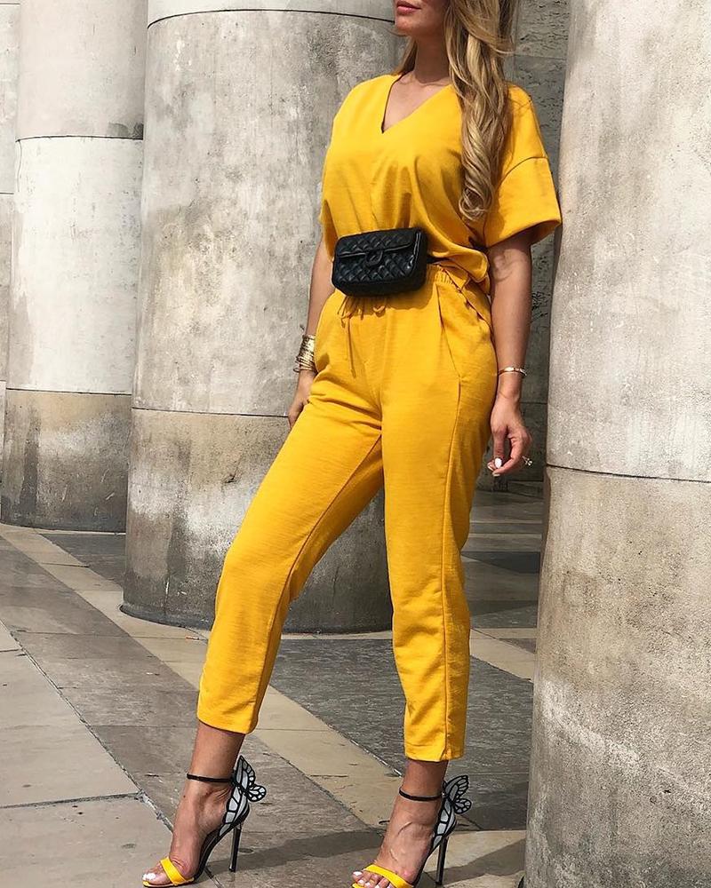 

V-neck Short Sleeve Solid Top & Pants Set, Yellow