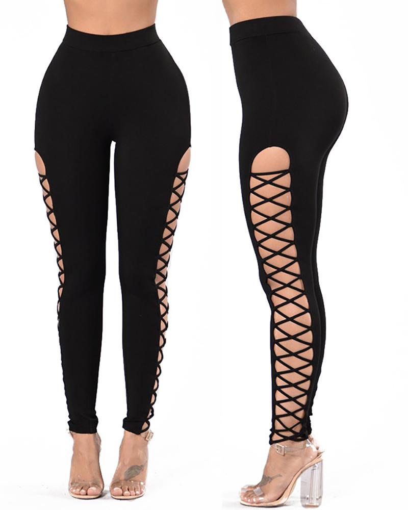 

High Waist Criss Cross Skinny Leggings, Black