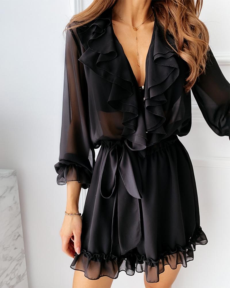 

V Neck Ruffle Trim Mesh Romper, Black