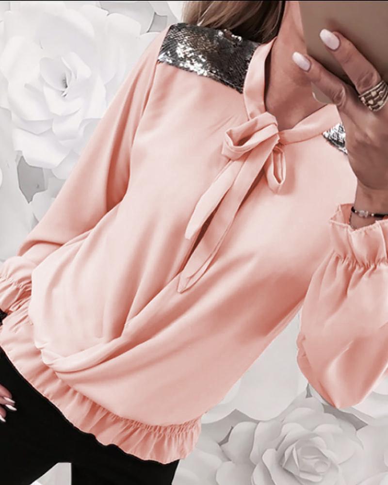 

Ruffled Tied Neck Sequins Casual Blouse, Pink
