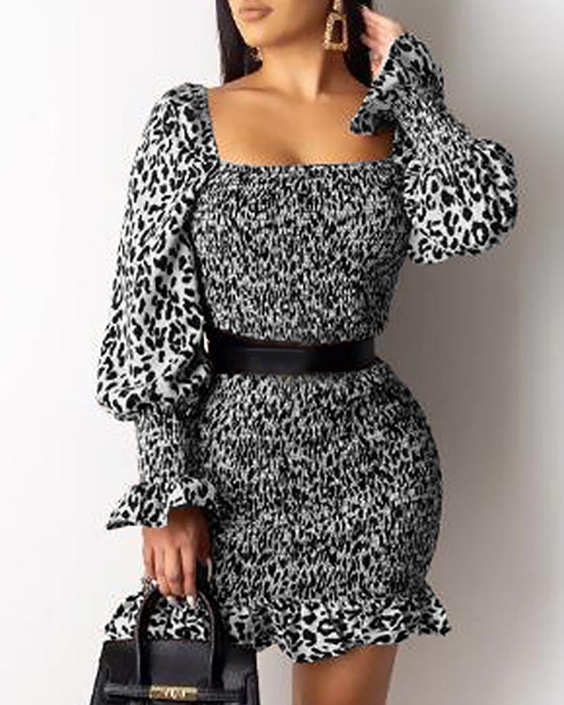 

Leopard Frill Hem Bodycon Dress, Gray