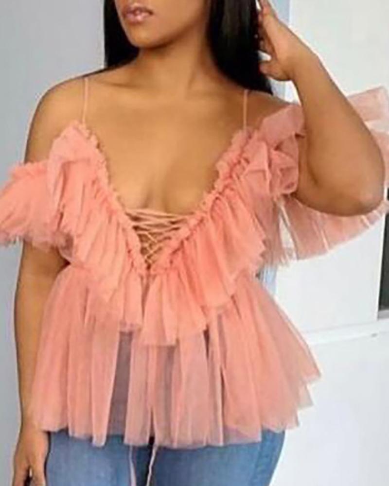 

Cold Shoulder Layered Mesh Blouse, Pink