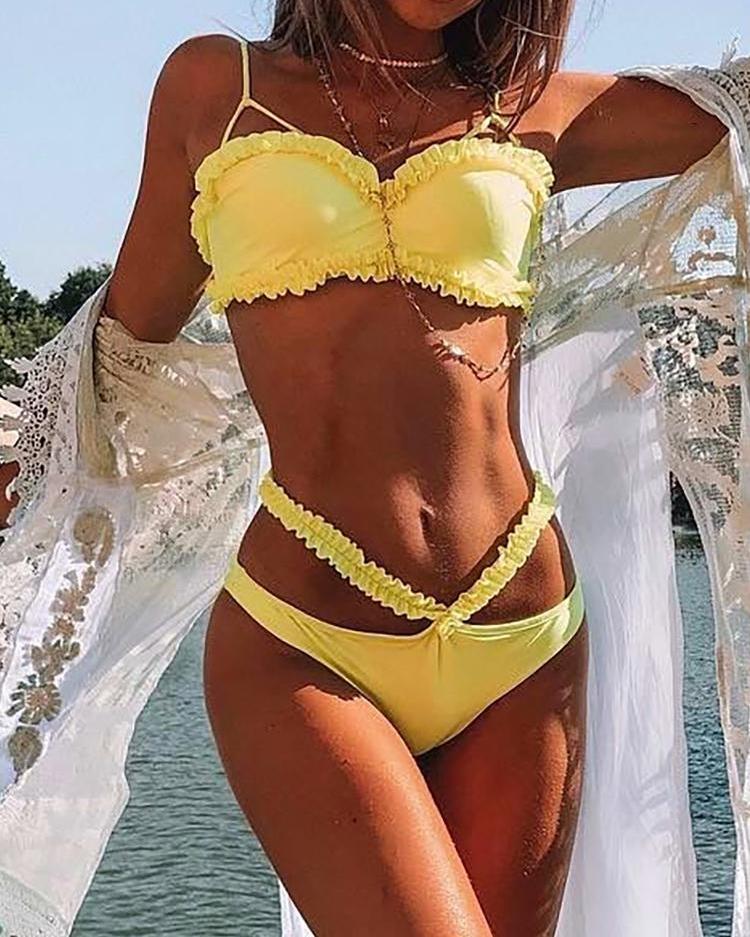 

Frills Trim Cut Out Brief Bikini Set, Yellow