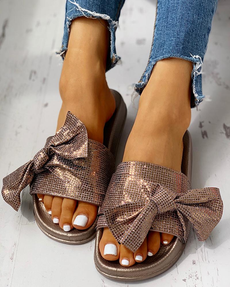 

Sequins Bowknot Casual Flat Sandals, Brown