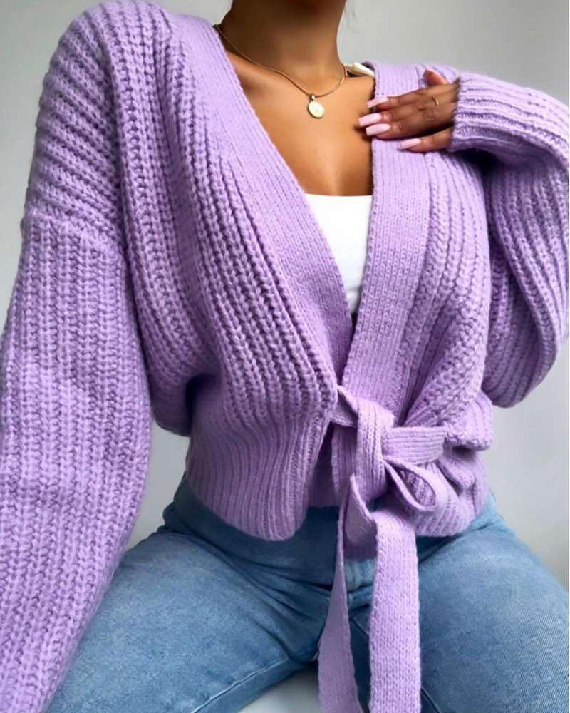 

Plain Tie Detail Long Sleeve Knit Sweater, Purple