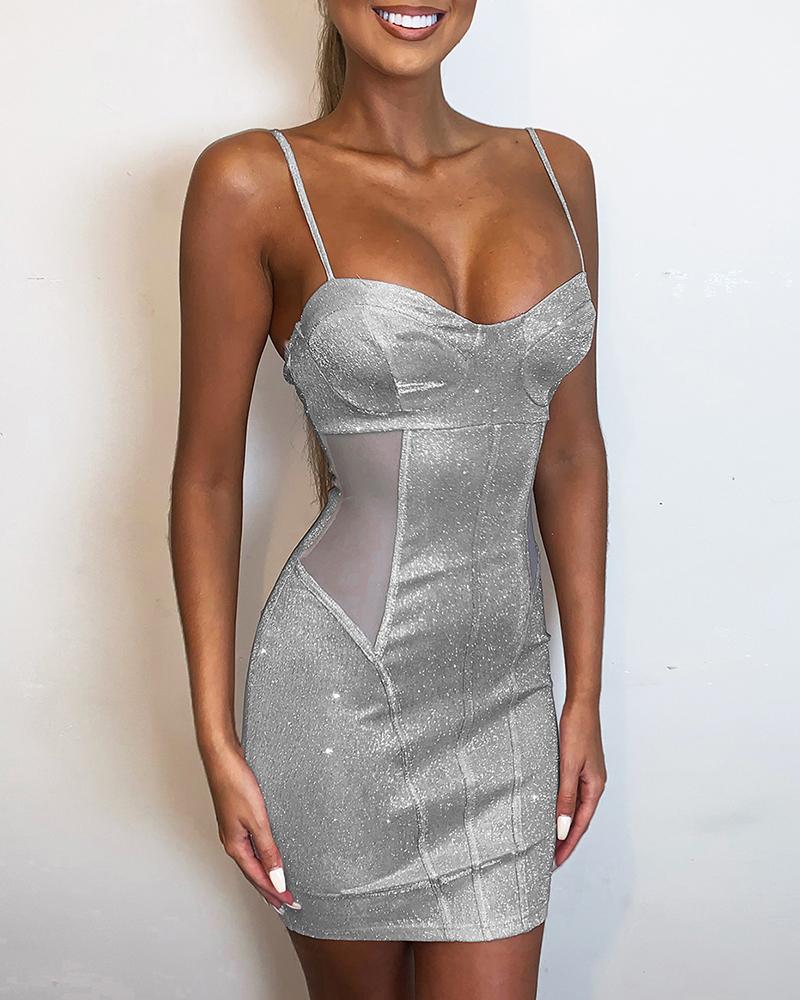 

Spaghetti Strap Mesh Cut Out Sequins Dress, Silver