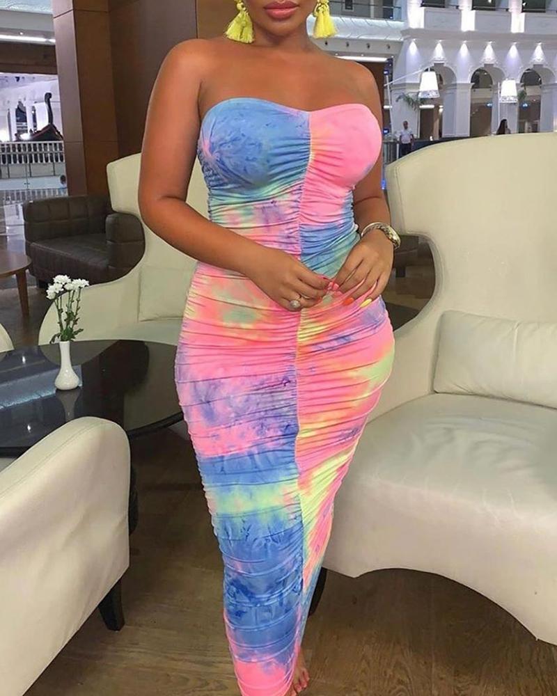 

Tie Dye Print Bandeau Ruched Dress, Multicolor