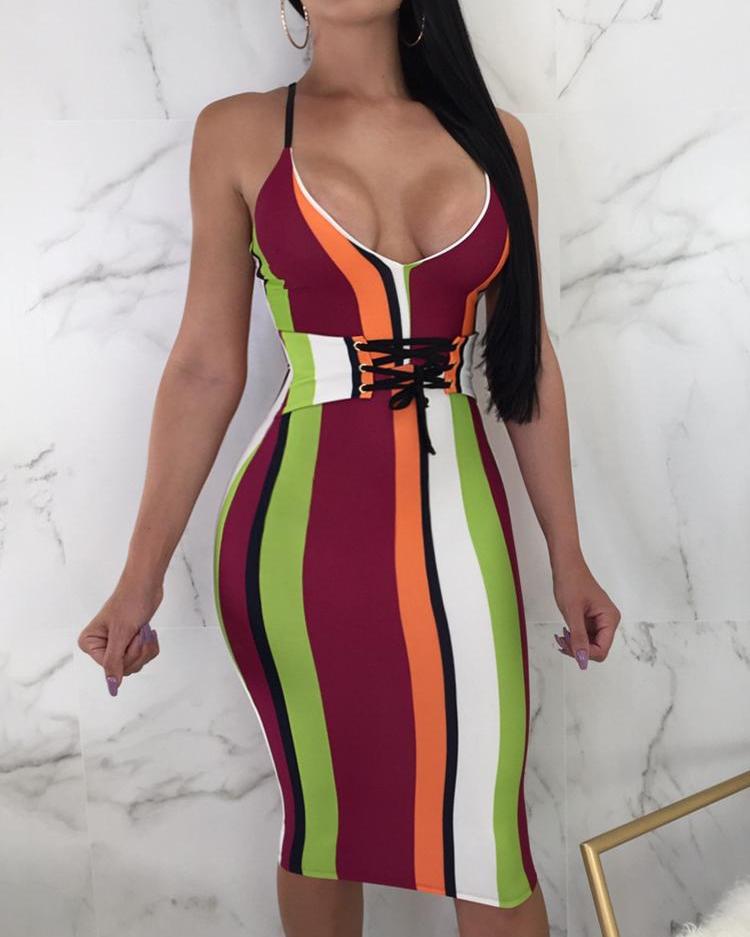 

Colorful Striped Tie Waist Slip Party Dress, Multicolor