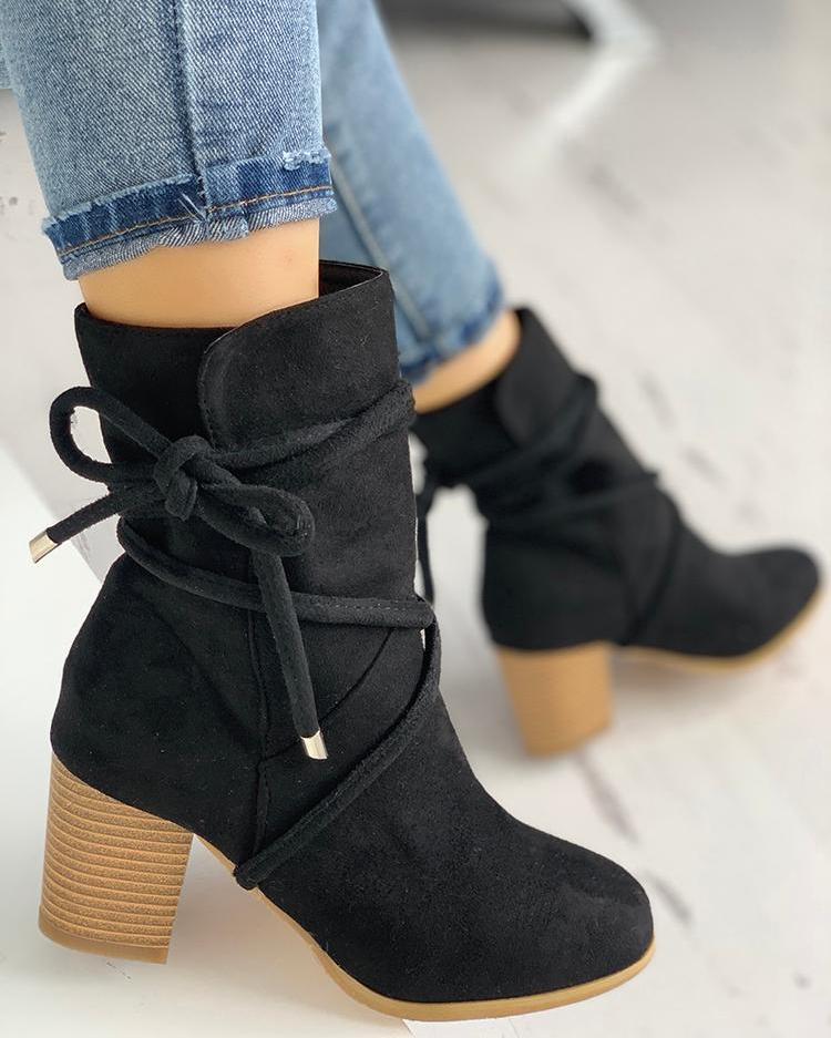 

Suede Bandage Chunky Heeled Boots, Black