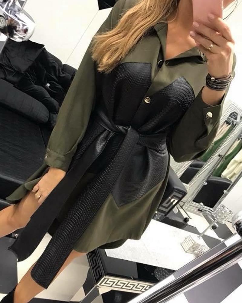 

PU Patchwork Buttoned Shirt Dress, Army green