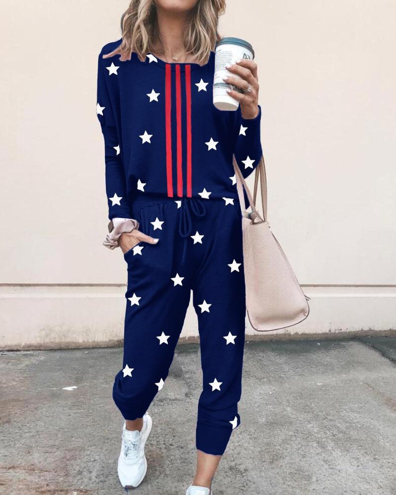 

Striped Star Print Round Neck Top & Pants Set, Purplish blue