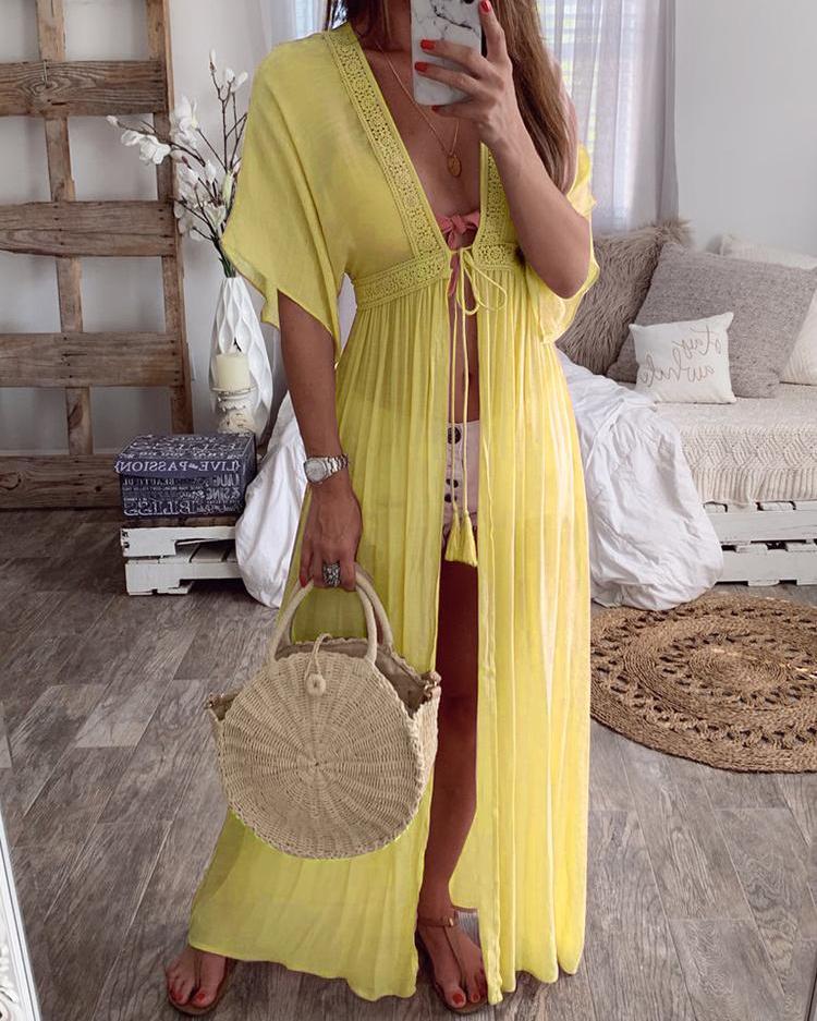 

Crochet Lace Insert Long Cover Up, Yellow