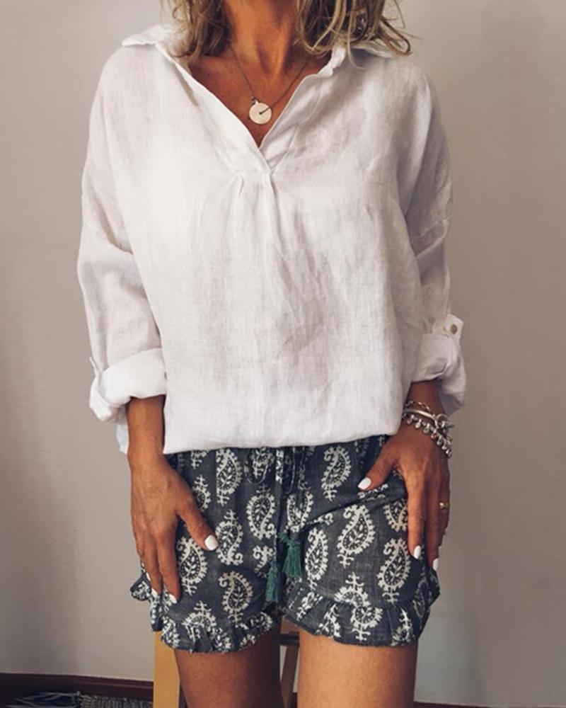

Solid color V-neck large size cotton and linen women, White