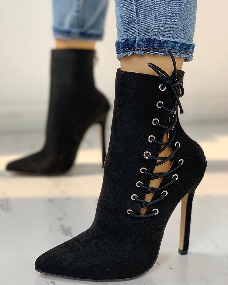 

Suede Lace-Up Eyelet Pointed Toe Boots, Black