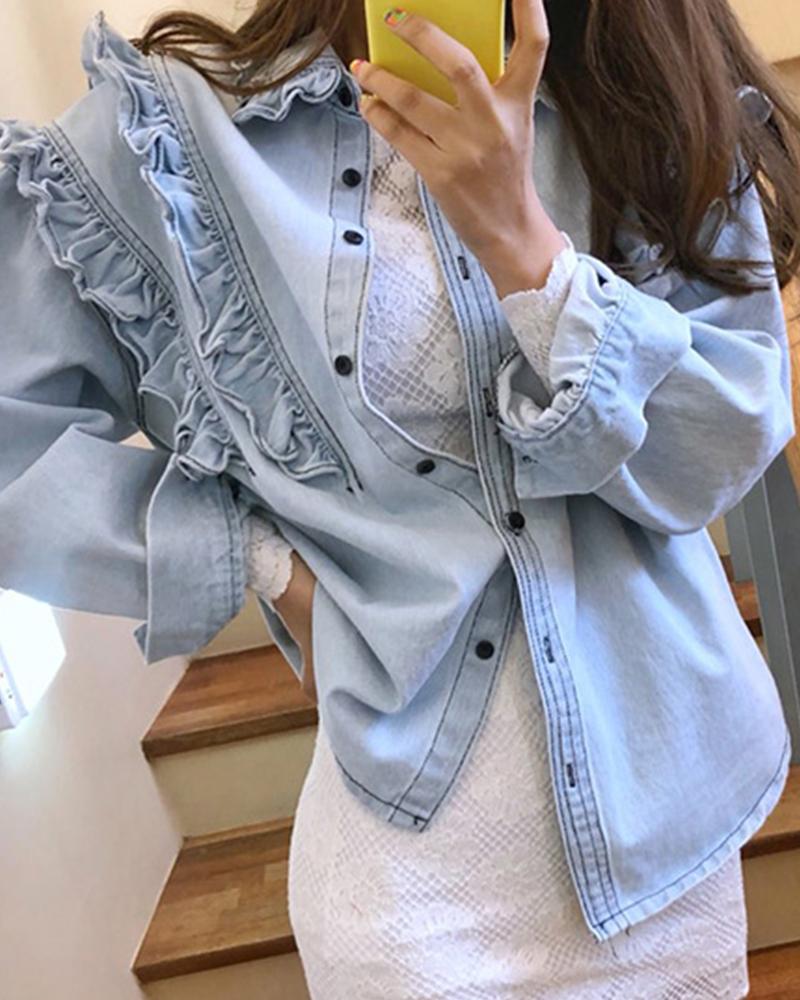 

Frills Trim Denim Button Up Shirt, Blue