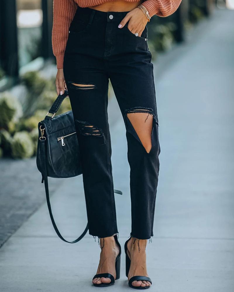 

Cutout Ripped High Waist Jeans, Black