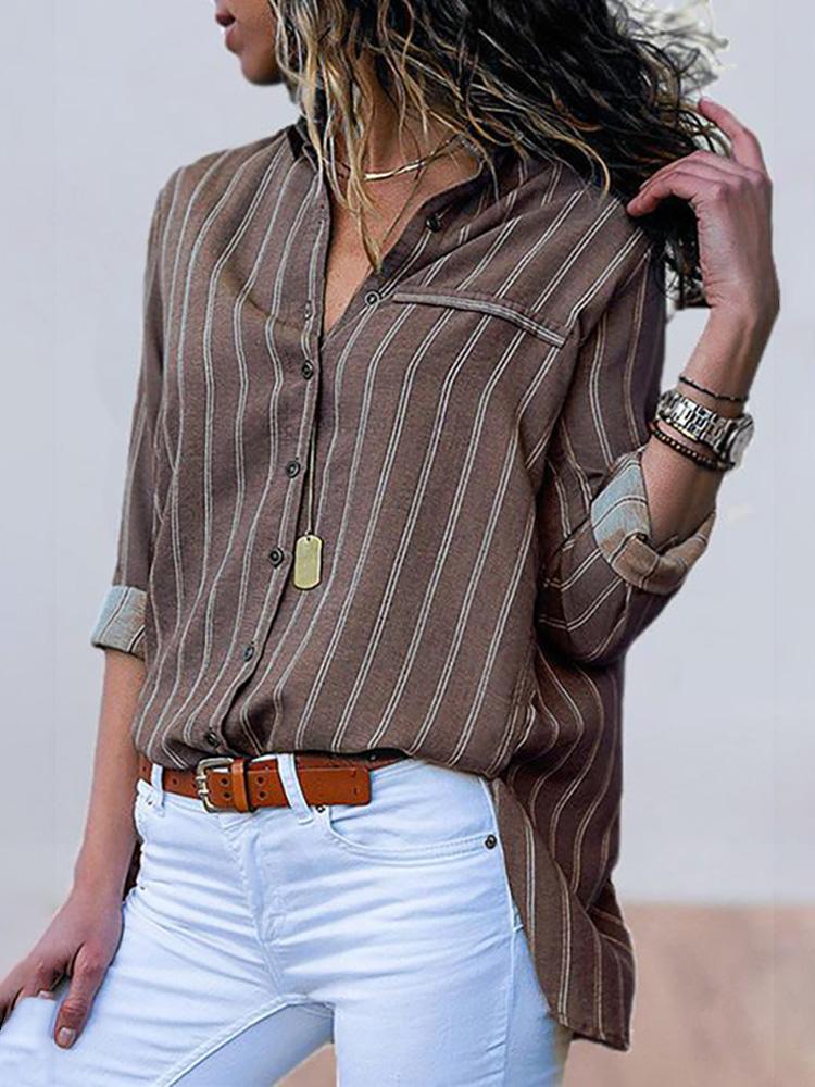 

Stripes Button Up Long Sleeve Blouse, Khaki