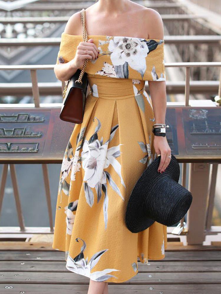 

Floral Print Fold-over Off Shoulder Pleated Dress, Yellow