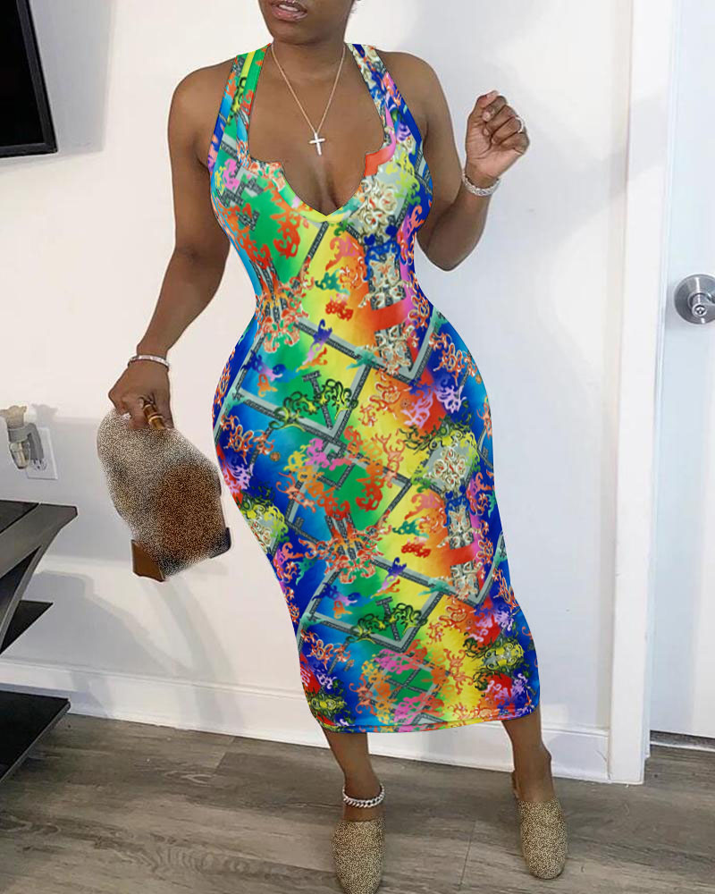 

Retro Print Colorblock Plunge Midi Dress, Multicolor