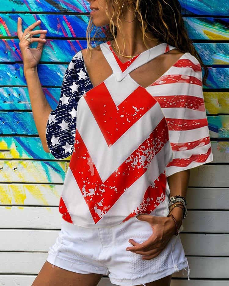 

Flag Print Cutout Shoulder Casual T-Shirt, Multicolor