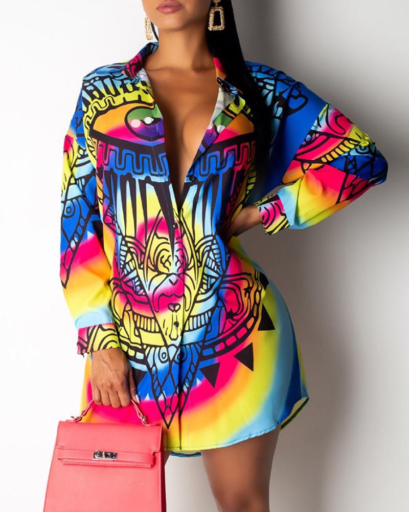 

Print Bottoned Long Sleeve Shirt, Multicolor