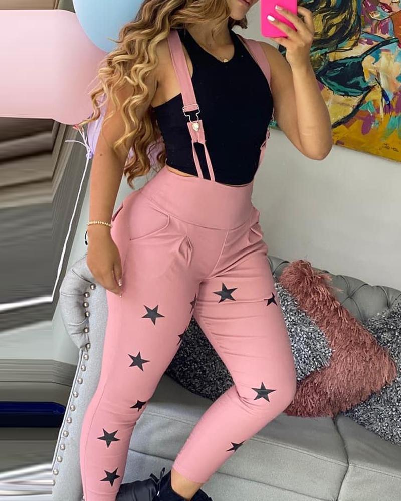 

Star Print Pocket Design Suspender Long Pants, Pink