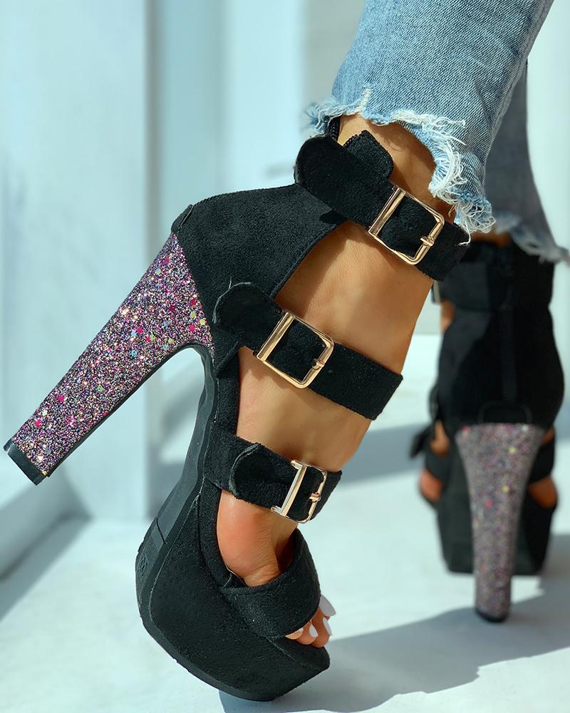 

Eyelet Buckled Open Toe Chunky Heeled Sandals, Black