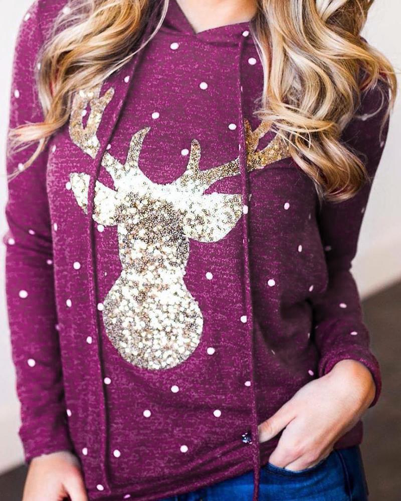 

Christmas Print Sequins Casual Hoodie, Purple