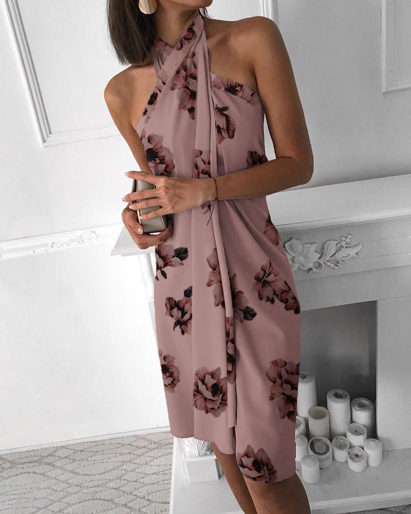

Floral Print Halter Ruched Design Dress, Brown