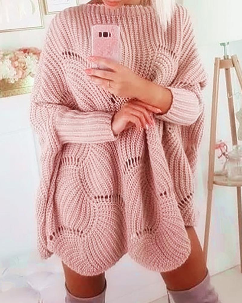 

Solid Hollow Out Batwing Sleeve Knit Sweater Dress, Light pink