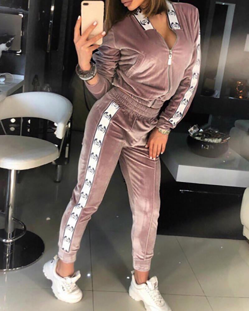 

Print Colorblock Tape Insert Zipper Jacket & Pants Sets, Khaki