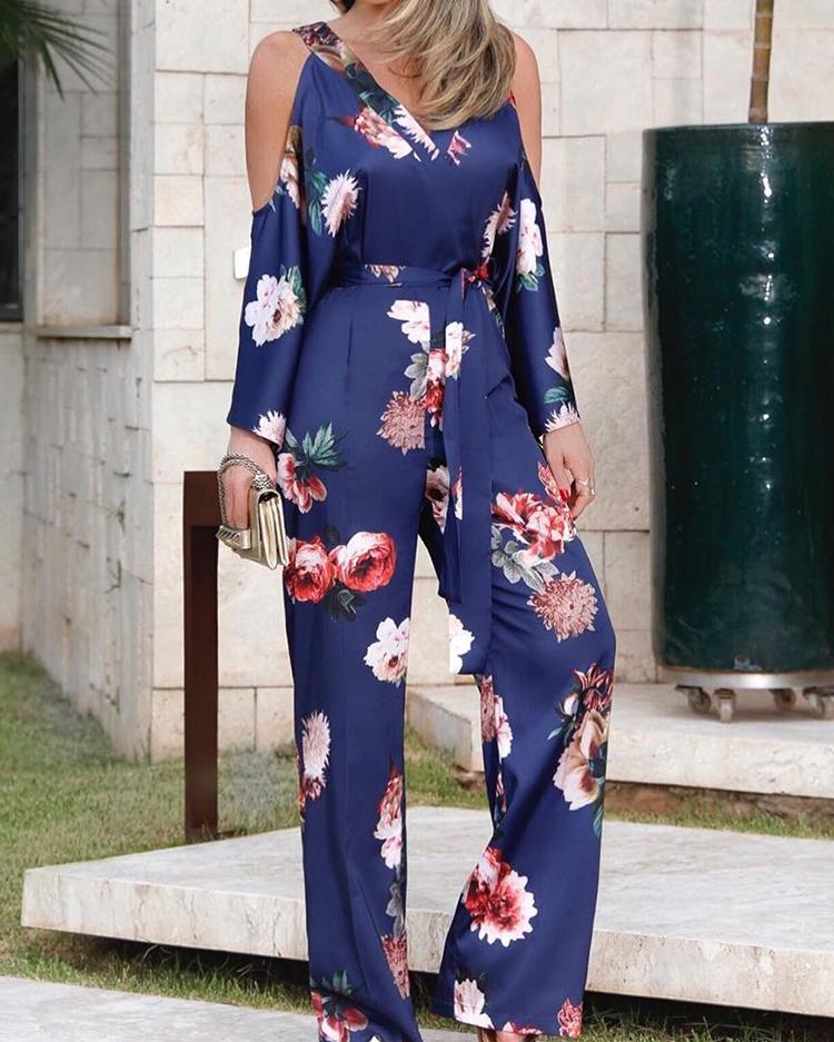 

Floral Cold Shoulder Belted Wide Leg Jumpsuit, Dark blue