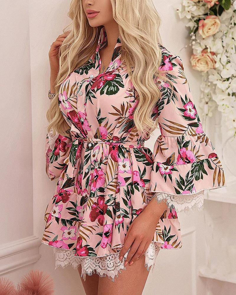 

Floral Print Lace Ruffles Shirt Dress, Pink