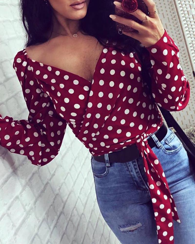 

Dot Print V-Neck Wrap Casual Blouse, Red