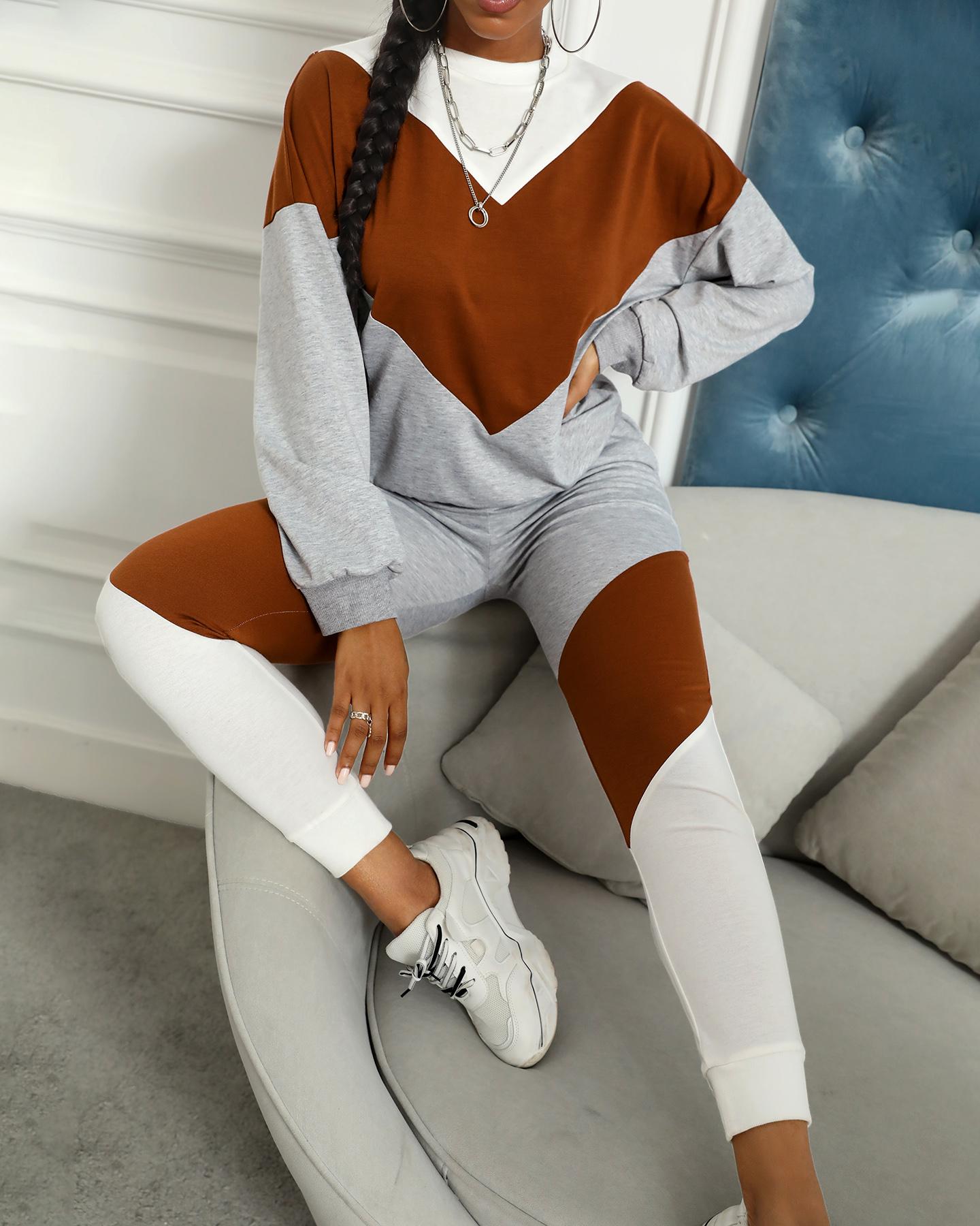 

Color Block Long Sleeve Pant Sets, Gray