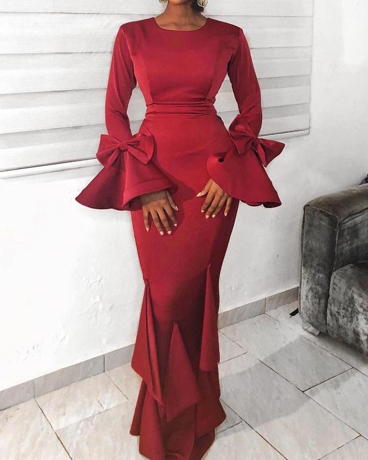 

Solid Long Flared Bowknot Sleeve Evening Dress, Red