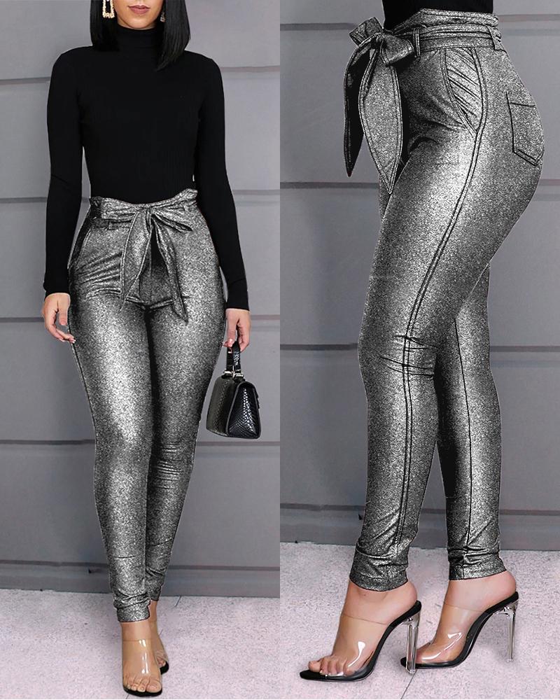 

High Waist Belted Glittering Pants, Silver