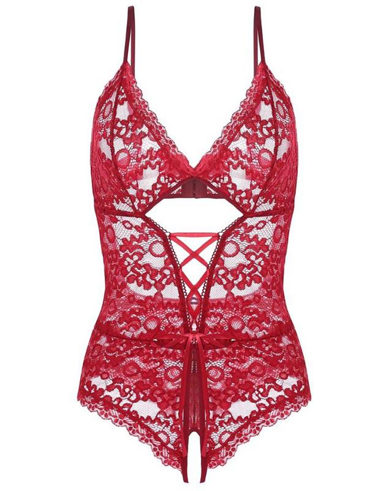 

Lace-up Cutout Backless Lace Teddies, Red