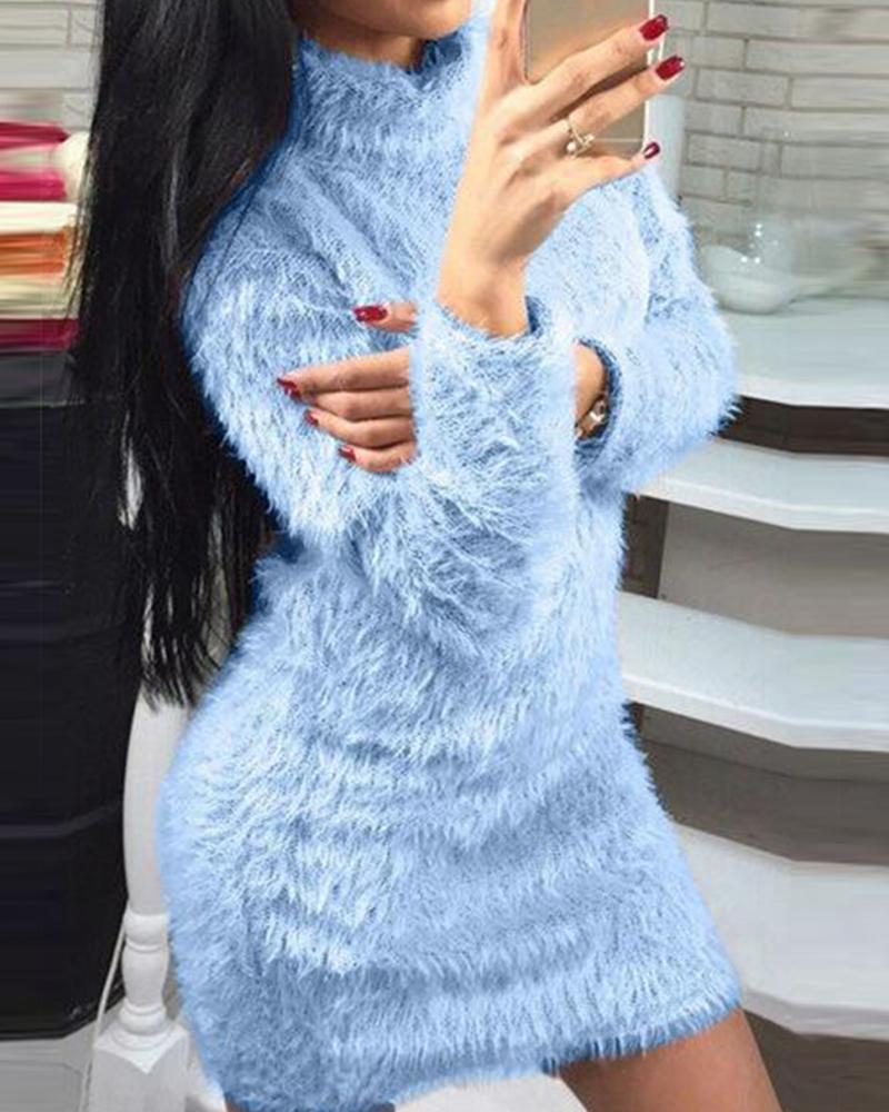 

Fold Over Collar Long Sleeve Dresses Autumn Winter Sweater Warp Dresses, Blue