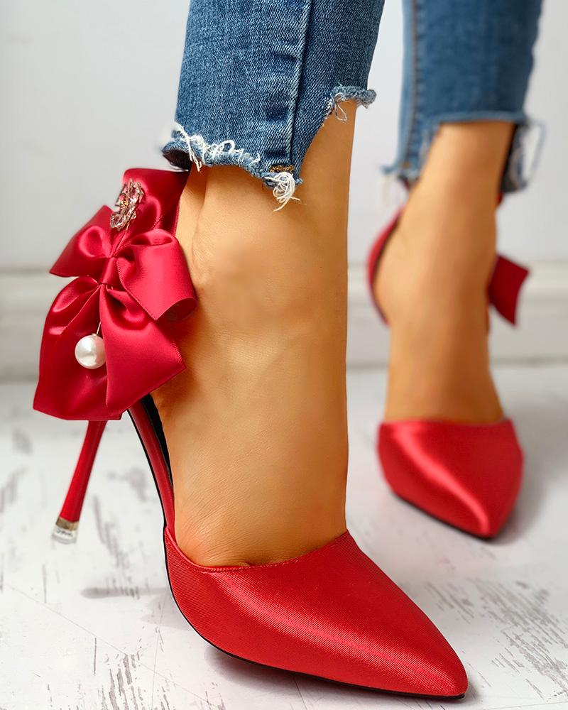 

Solid Bowknot Design Thin Heels, Red