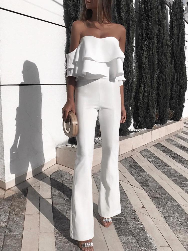 

Solid Ruffled Design Off Shoulder Jumpsuit