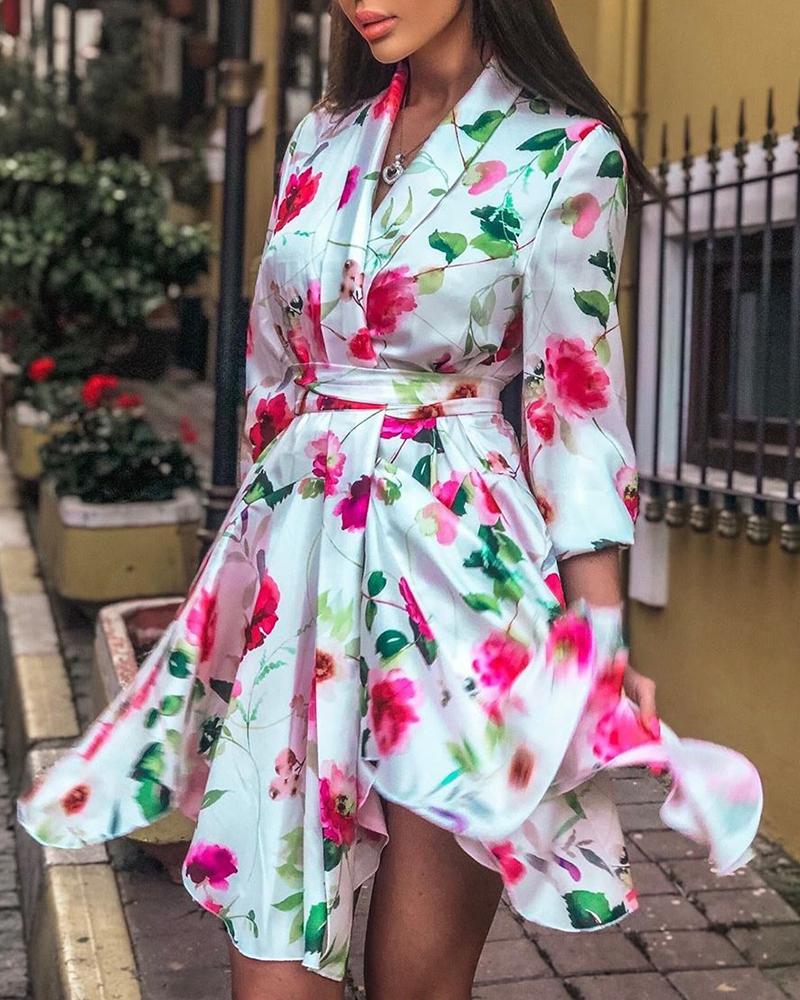 

Floral Print Belted Irregular Dress, Multicolor