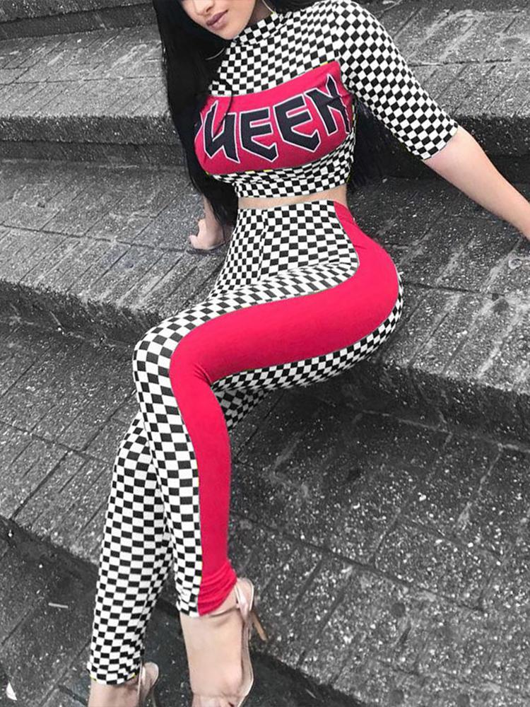 

Checkerboard Print Striped Tape Side Pants Set