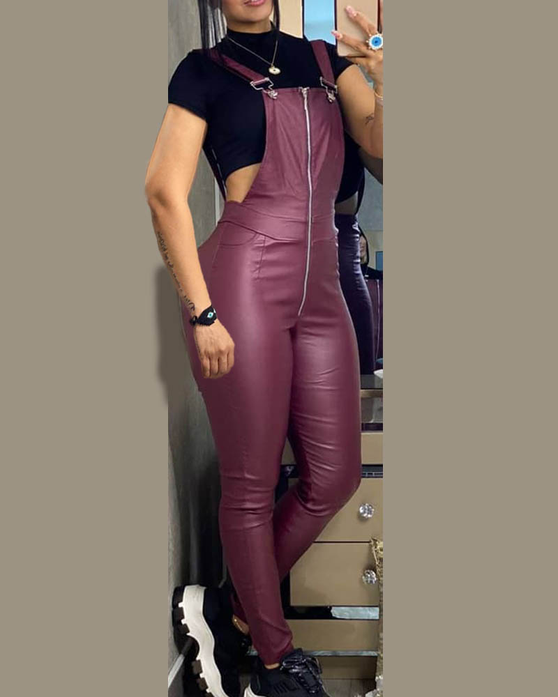 

Buckled Zipper Design Fitted Suspender Jumpsuit, Wine red
