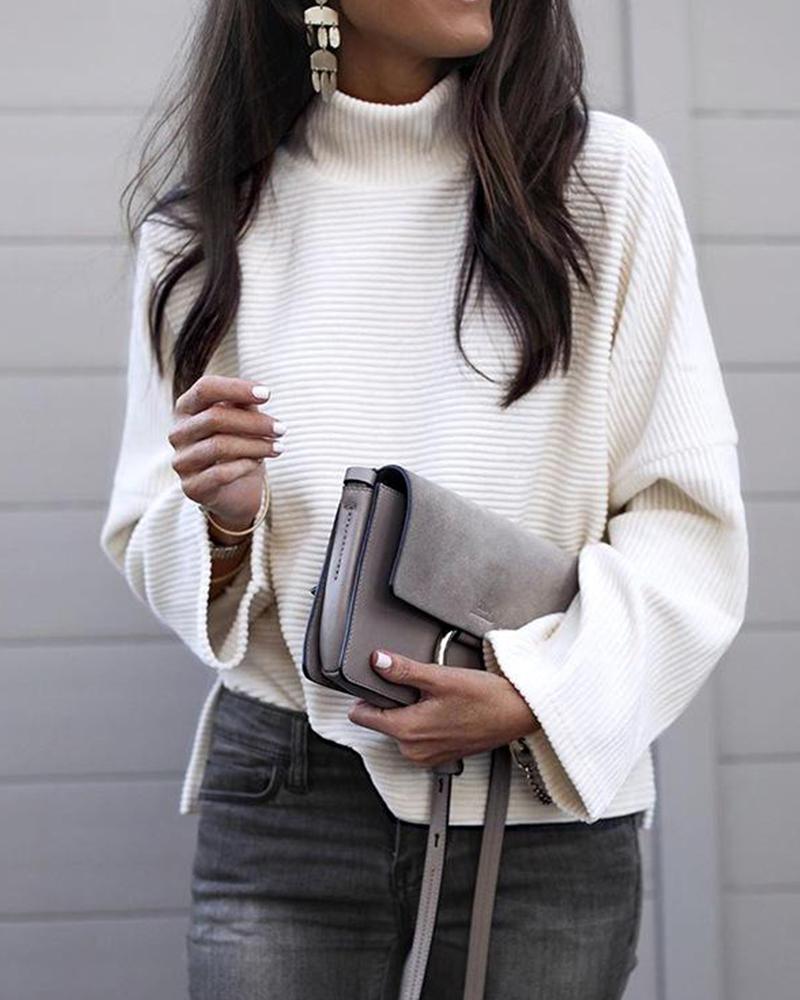 

Solid High Neck Ribbed Sweatshirt, White