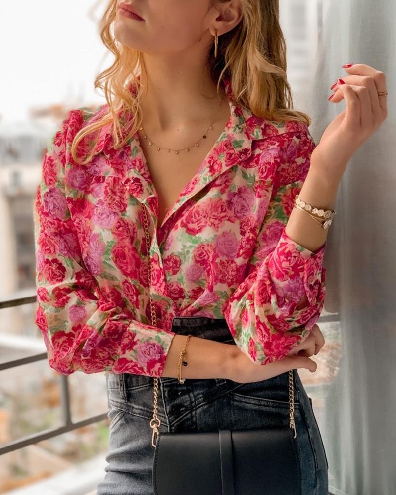 

Rose Print V-neck Blouse, Red