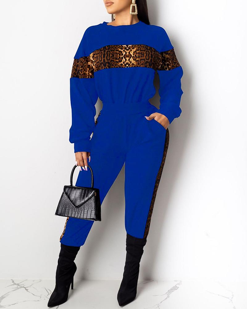

Round Neck Colorblock Insert Leopard Top & Pants Sets, Blue